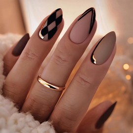 MERVF Almond Press on Nails Medium Black French Tip Fake Nail Checkered Design Glue ons Gold Acrylic Stiletto Manicure Matte 24pcs