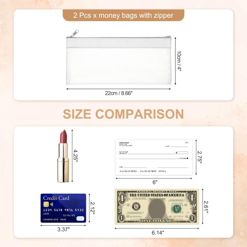 PATIKIL 8.7x3.9 Inch Money Bags with Zipper, 2 Pcs Clear