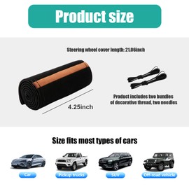 Dickno Car Steering Wheel Cover, Anti-Slip Auto Stitch on Wrap Steering Wheel Protector for Max Diameter 15 Inch, DIY Sewing with Needle Thread, Universal Vehicle Interior Decor (Black & Brown)