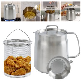 304 Stainless Steel Oil Filter Pot, 68oz Heavy Duty Bacon Grease Container with Fine Strainer & Deep Fryer Basket, Large Capacity Multi-function Oil Filter Vessel for Kitchen, Suits All Stoves(2L)