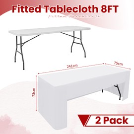 Lumaycens 2 Pack White Tablecloth Open Back Fitted Tablecloth for 8ft Folding Table Washable Polyester Fabric White Table Cloth Table Cover for Trade Craft Show Display Party Wedding Events