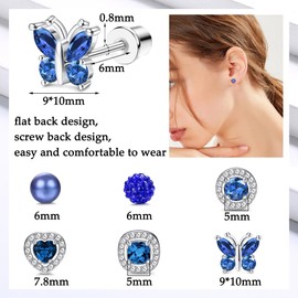 Kakonia 6 Pairs of Stud Earrings for Women Hypoallergenic 316L Stainless Steel Birthstone Earrings Stud Colourful CZ Heart Butterfly Birthstone Flat Back Earrings, Stainless Steel