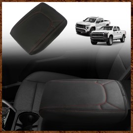 Muslogy Center Console Armrest Cover Compatible with Chevy Colorado/GMC Canyon 2023 2024 2025 ZR2 Z71 Trail Boss LT WT Elevation AT4 Denali AT4X Accessories Regular Thick(Red Stitching)
