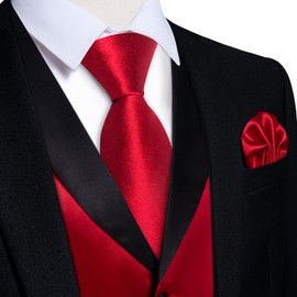 DiBanGu Mens Red Vest Solid Color Satin Suit Waistcoat Tie and Pocket Square Set Formal Shawl Lapel Dress Vest for Wedding Business