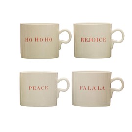 Creative Co-Op Stoneware Holiday Saying, Set of 4 Styles Mugs & Cups, Cream