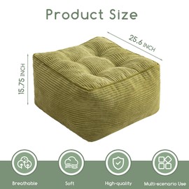 HIGOGOGO Square Stuffed Pouf Ottoman, Corduroy Poufs with Foam Chunk Filling, Furry and Fluffy Pouf Foot Stool Storage Ottoman, 25.6 X 25.6 Floor Poufs Foot Rest for Living Room, Green