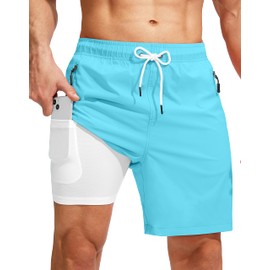 Viodia Men's Swim Trunks with Compression Liner Quick Dry Board Shorts Swimsuit Swimwear for Men with Zipper Pockets Sky Blue