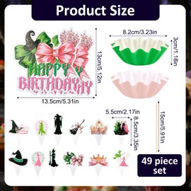49Pcs Wicked Cupcake Toppers and Wrappers Liners Set Pink and Green Wicked Party Favors Decorations Funny Princess Wizard Wicked Party Supplies Decor for Witch Birthday
