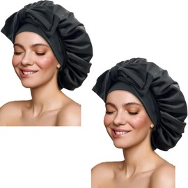 SSX-KJ 2 Pzs Gorro de Dormir de Satén,Gorro de Dormir de Seda Suave,Adecuado para Cabello Rizado,Liso,Largo y Corto,Transpirable,Diadema Ancha Ajustable,Negro+Negro
