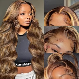 Highlight Ombre Lace Front Wigs Human Hair Pre Plucked 13x4 Body Wave Frontal Wigs Human Hair 4/27 Colored Honey Blonde 180 Density Glueless HD Transparent Lace Frontal Wigs for Black Women 24 Inch