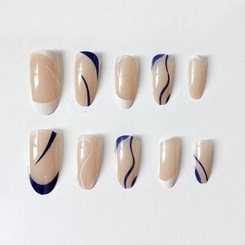 Bufenia 24 Pieces False Nails Simple Lines Medium Length Ballerina French Lace Press On Full Cover Stick on Nails for Women and Girls (B)