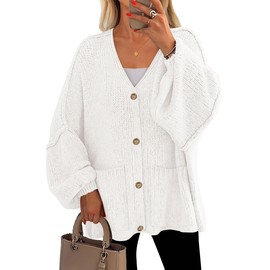 PRETTYGARDEN Fall Chunky Cardigan Sweaters for Women 2025 Button Long Lantern Sleeve Knit Oversized Sweater Coats with Pocket(White,Small)