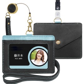 X-Lounge ID Card Holder, Name Holder, Genuine Leather, Horizontal Type, Double-sided, Employee ID Name Bill Holder, Commuter Passcase, Card Case, Neck Strap, 2 Pockets (Blue)