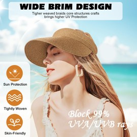 TAGVO Visor Sun Hat Women, Adjustable Straw Hat Wide Brim UV Protection Visor Hat, Foldable Ponytail Beach Hat Ladies Breathable Rollable Topless Cap, Packable Outdoor Summer Cap Travel Holiday