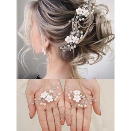 Heread Flower Bride Wedding Hair Pins Rhinestones Bridal Head Piece Pearl Hair Accessories for Women and Girls (Pack of 2)