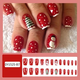 Christmas Press on Nails Medium Coffin Fake Nails With Xmas Tree Snowman Design Snow French Tip False Nails Full Cover Stick on Nails Acrylic Winter Red Artificial Nails for Women Glue on Nails 24 Pcs