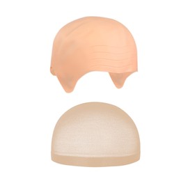 1 faltige Glatzkopfabdeckung und 1 hautfarbenes Haarnetz, Cosplay, Maskerade-Requisiten, Requisiten für Bühnenauftritte, gefälschte Kopfhaut-Requisiten