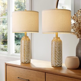 BOBOMOMO 26" Farmhouse Table Lamps Set of 2 - Vintage Leaf Design, Rustic Resin Nightstand Lamps for Bedroom, Living Room, Nursery, Hallway, Elegant Living Room Lamps with Linen Shades Antique Brown