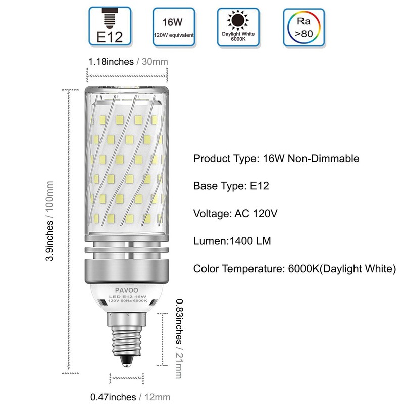 PAVOO E12 LED Light Bulbs, 16W LED Candelabra Bulbs 120