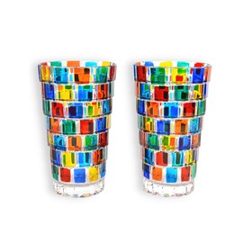Handcrafted Italian Crystal Highball Glasses, SET OF 2, Pisa Pattern, 10 oz Glasses, All Purpose Tumblers - Crystal Glasses for Beer, Juice, Iced Tea, Hand-Painted, Made In Italy