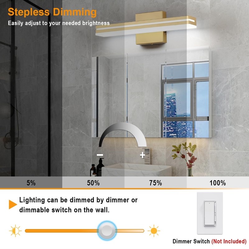 SineRise LED Modern Bathroom Vanity Light Fixtures (16-Inch, 3000K/4000K/6000K, Dimmable),