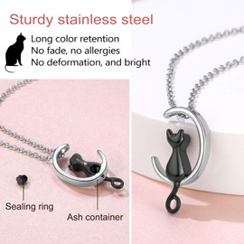 Black Moon Kitten Pet Necklaces for Ashes Black Stainless Steel Two Tone Cresent Pendant Keepsake Memorial Cremation Jewelry for Women Girls Cat Person