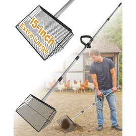15-inch Large Chicken Poop Scooper, Heavy Duty Adjustable Chicken Coop Scoop for Sand with Ergonomic Grip,Metal Chicken Coop Scoop with 24 to 68"