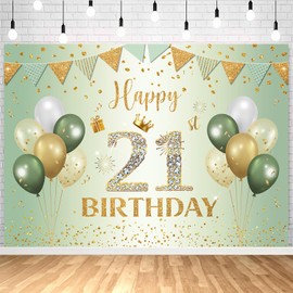 InMemory Sage Green Happy 21st Birthday Backdrop Sign Photo Photography Background Glitter Gold Sequins Balloons Theme Birthday Party Decorations Banner 6x4ft