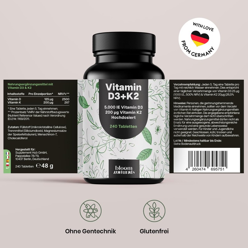 Vitamin D3 K2 High Dose - 240 Tablets with 5000