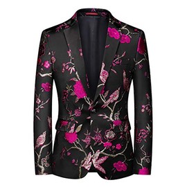 Cloudstyle Mens Embroidery Tux Dress Suit Jacket Formal Print Prom Blazer Dinner Sport Coat, Rose Red, Large