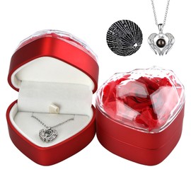 Red Gift Box with Preserved Flowers in Heart Shape, with I Love You Necklace in 100 Languages, Gifts for Women, Girlfriends and Girls, Ideal for Christmas, Valentine's Day Gifts