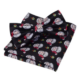 Gusleson Christmas Black Bowtie and Pocket Square Santa Claus Pattern Pre-tied Adjustable Bow Ties Sets (UK0590-06)