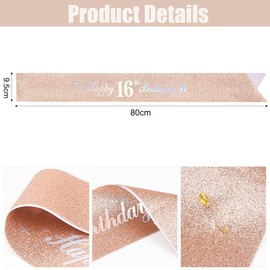 16th Birthday Decoration Sash for Girl,Rose Gold Sash Long with White Happy Birthday Letters for Birthday Supplies (Rose Gold 16th)