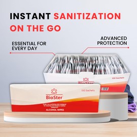 BioSter unique Alcohol Wipes- Single Use Sanitizing cloth -Proven 99.999% Kills Rate against Germs & Bacteria (100 Sachets (Pack of 1)) (1)