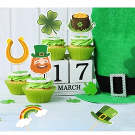 28 Pcs St Patrick's Day Cupcake Toppers, Four Leaf Clover Leprechaun Hat Horseshoe Shamrock Cupcake Toppers for St Patrick's Day Party Decorations (Mix)