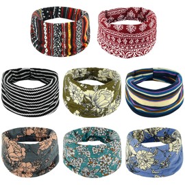 FEPITO 8 Pack Boho Headband Women Wide Hair Band Boho Elastic Sports Headwear Yoga Hair Band Workout Headwrap for Women and Girls