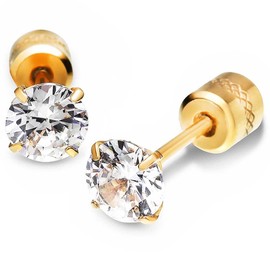 Reiwa Ryojinkan Double-Stone Earrings, Hypoallergenic, Leave-In, Overnight, Simple, Screw Type, Surgical Stainless Steel, Ear Lobe, Pair, Both Ears, Silver Stainless Steel Cubic Zirconia, Cubic