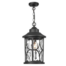 zeyu Modern Outdoor Hanging Porch Light, 14.6 Inch Outdoor Pendant Lights for Porch, Die-Cast Aluminum with Clear Water Ripple Glass, Black Finish, ZX48MH-WG BK