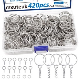 mxuteuk 420 pieces 1 inch 25 mm key ring chain, including 140 pieces keychain rings with chain, 140 pieces jump ring, 140 pieces screw eye pins for keyring/jewellery/DIY keychain ring