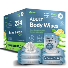 Mintleaf XL Adult Body Wipes | Bath Wipes For Adults Bathing No Rinse | Hypoallergenic Wipes For Incontinence And Cleansing Elderly | With Vitamin E Aloe Scent | 4 Packs 216 Count + 18 Indv Wipes