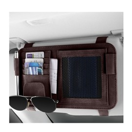 povtii Car Sun Visor Organizer, Small Leather Auto Visor Storage Organizer, Vehicle Multi-Pocket Document Holder for License, Card, Pen, Sunglasses, Interior Car Accessories (Brown)