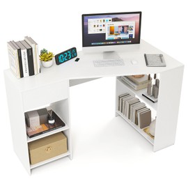 Giantex White Desk with Drawer, 48 Inch Corner Desk with Storage Shelves, Laptop PC Table for Workstation, Vanity Table for Bedroom, Modern Wood Executive Study Writing Table for Small Space
