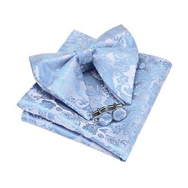Gusleson Light Blue Paisley Bow Ties for Men Pre-tied Oversized Bow Tie and Pocket Square Cufflink Set (UK0613-09)