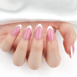 French Press On Nails - 24 Pcs Short Square False Nails With Glue - Gothic Nude Pink White Fake Nails - Full Cover Acrylic Nails Stick On Nails - Reusable French Tips False Nails For Women Nail Art