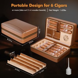 Puffaland Cigar Humidor Box Travel Brown Leather Men Cedar Wood Cigar Case with Lighter, Humidifier, Portable Outdoor Humidor Bag for Father