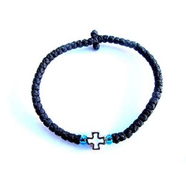 Iconsgr Handmade Christian Orthodox Greek Chotki Komboskoini Prayer Rope Black with Metallic Cross