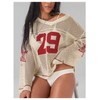 BEAUDRM Women's Number Letter Graphic Sweater Hollow Out Crochet V