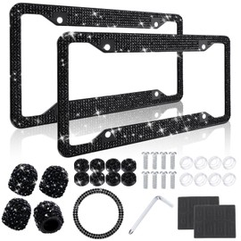 Timtin 2 Pcs Bling License Plate Frame Sparkly Rhinestone Diamond Accessories Stainless Steel Front License Plate Cover with Bling 4 Crystal Tire Valve Caps 1 Start Ring Sticker (Black)