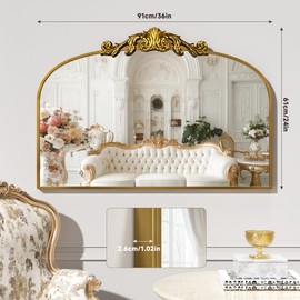 Vintage Arched Bathroom Mirror, 36"x 30" Retro Wall Mounted Vanity Mirror with Carved Pattern Top and Aluminum Frame, Antique Decorative Mirror for Hanging or Leaning