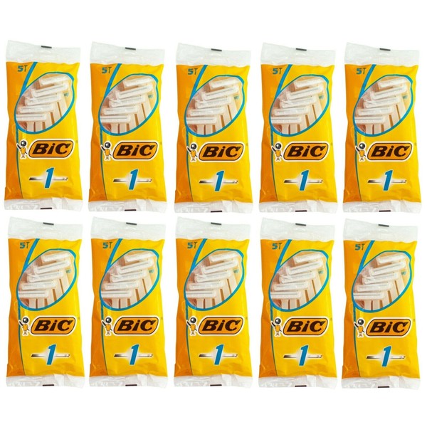 Bic Disposable Razor Shavers Normal Single Blade 5-Count, Pack of 10 (50 Razors)